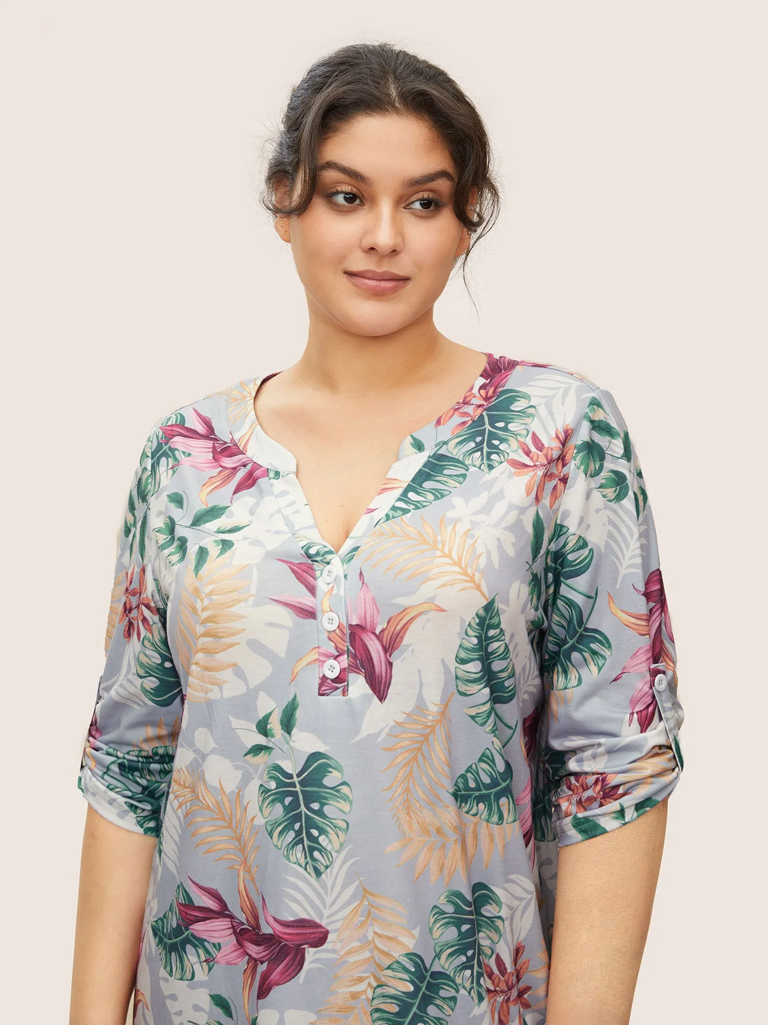 Tropical Print Button Cuff Sleeve Sleep Dress sold by Bloomchic product image thumbnail 4