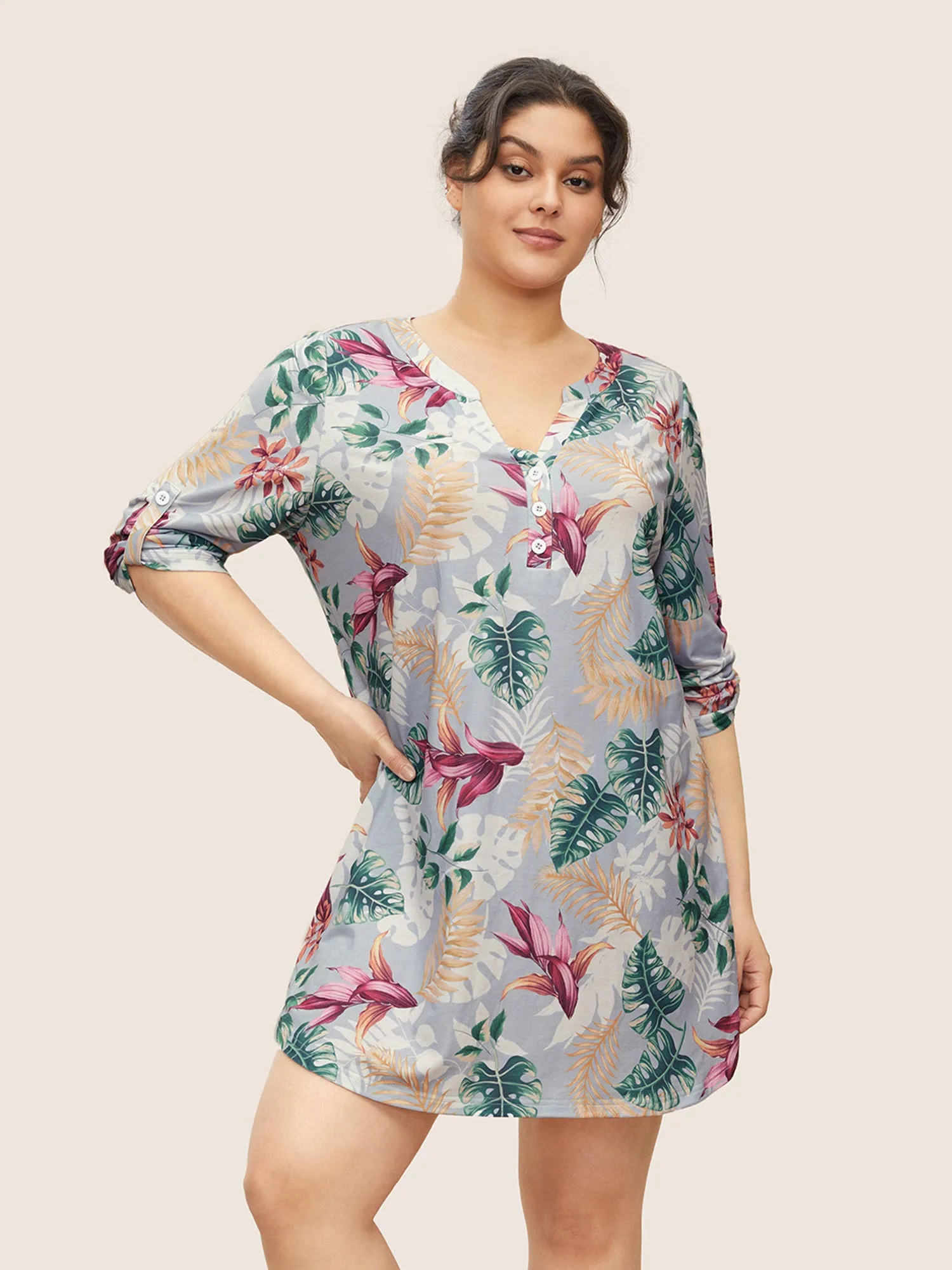 Tropical Print Button Cuff Sleeve Sleep Dress sold by Bloomchic