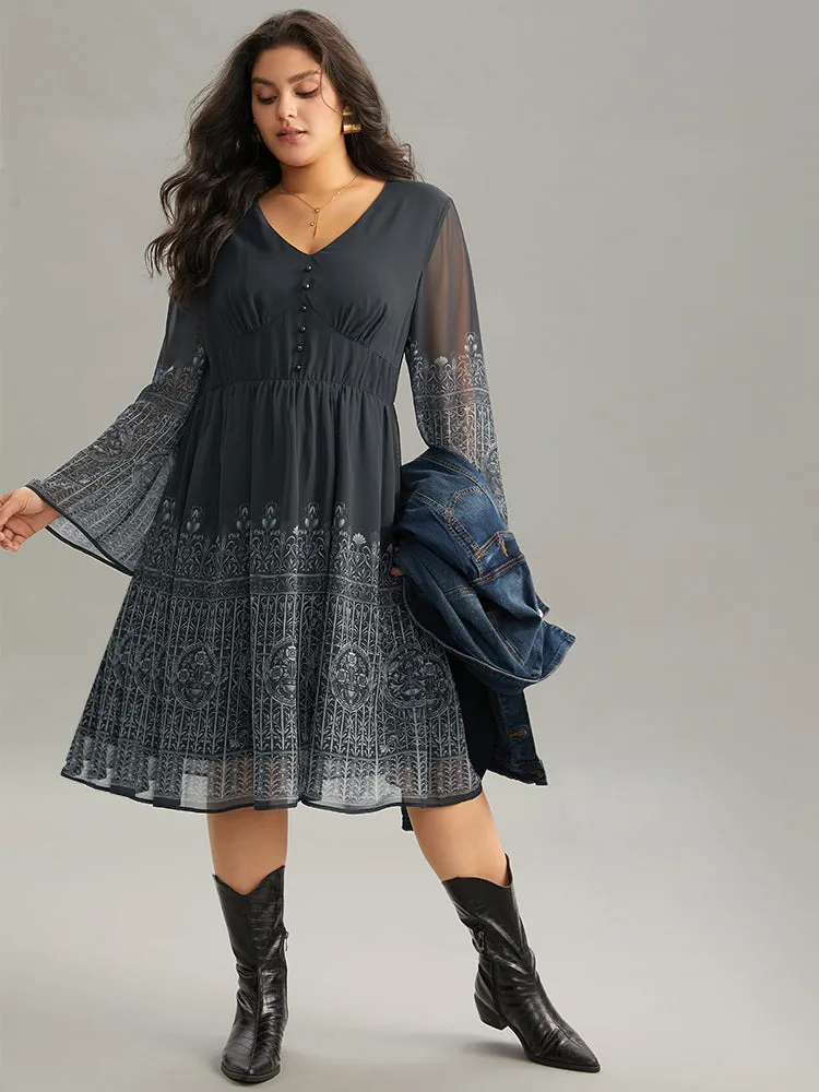 Boho Print Button Detail Bell Sleeve Dress sold by Bloomchic product image thumbnail 2