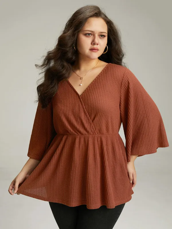 Solid Waffle Knit Wrap Flutter Sleeve T-shirt sold by Bloomchic