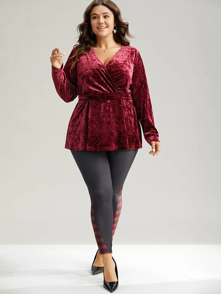 Velvet Overlap Collar Elastic Waist Buckle Detail Blouse sold by Bloomchic product image thumbnail 5