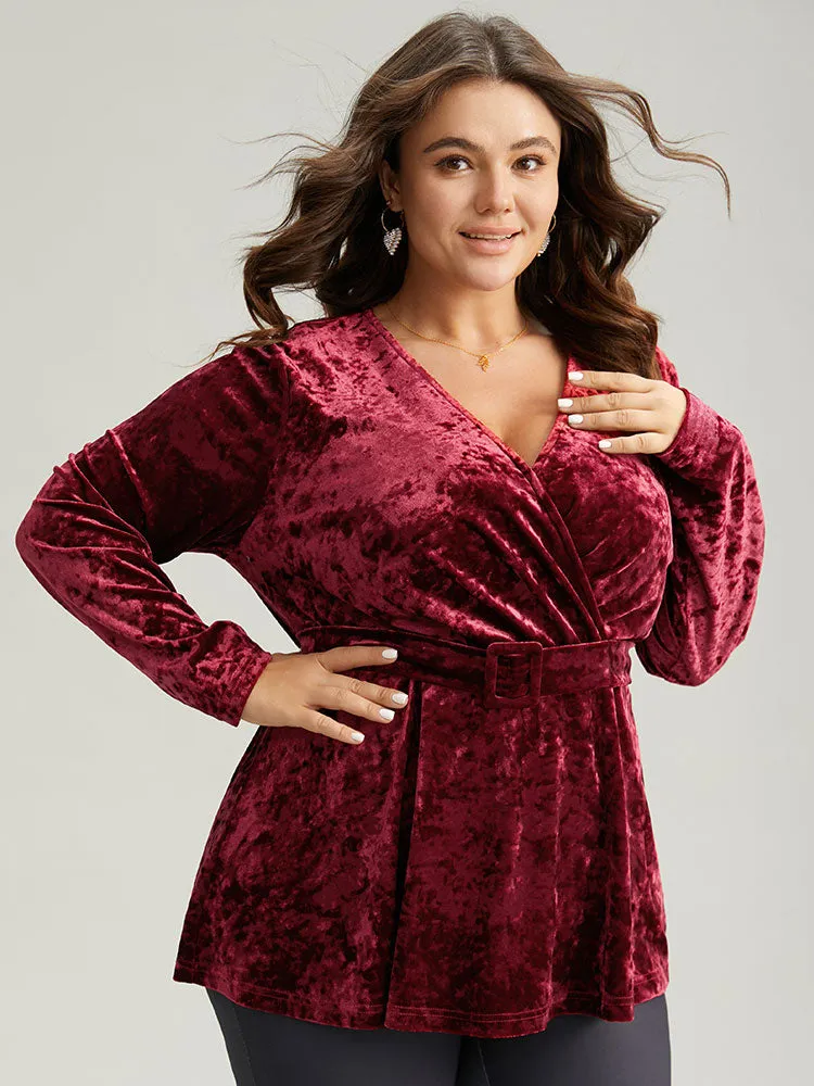 Velvet Overlap Collar Elastic Waist Buckle Detail Blouse sold by Bloomchic product image thumbnail 4