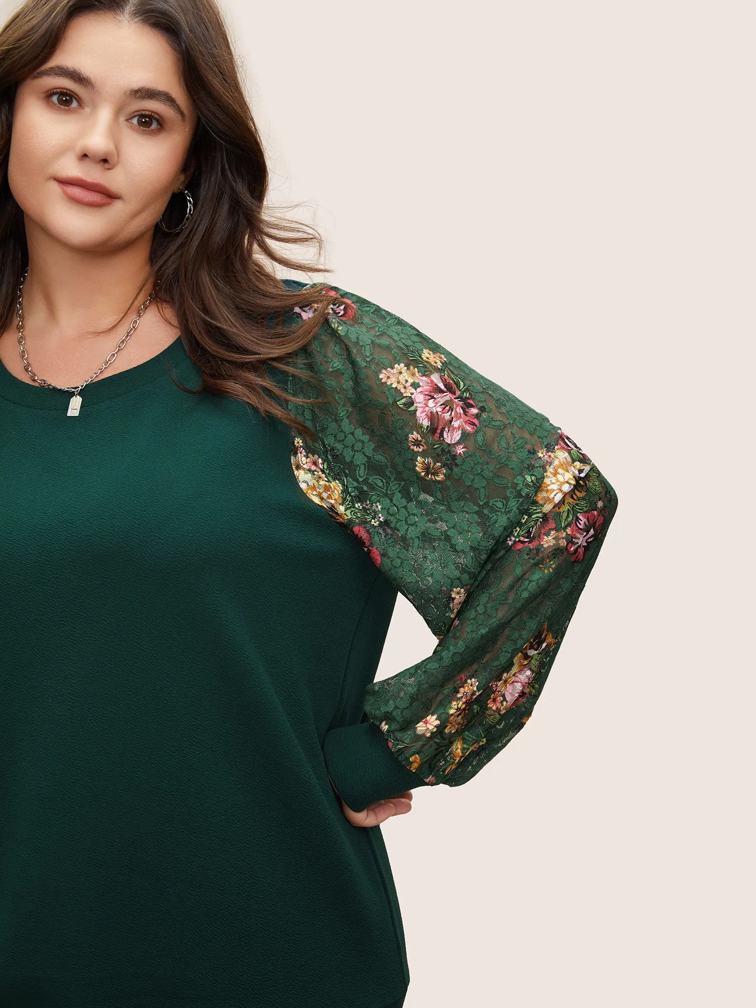 Crochet Lace Floral Print Round Neck Sweatshirt sold by Bloomchic product image thumbnail 4