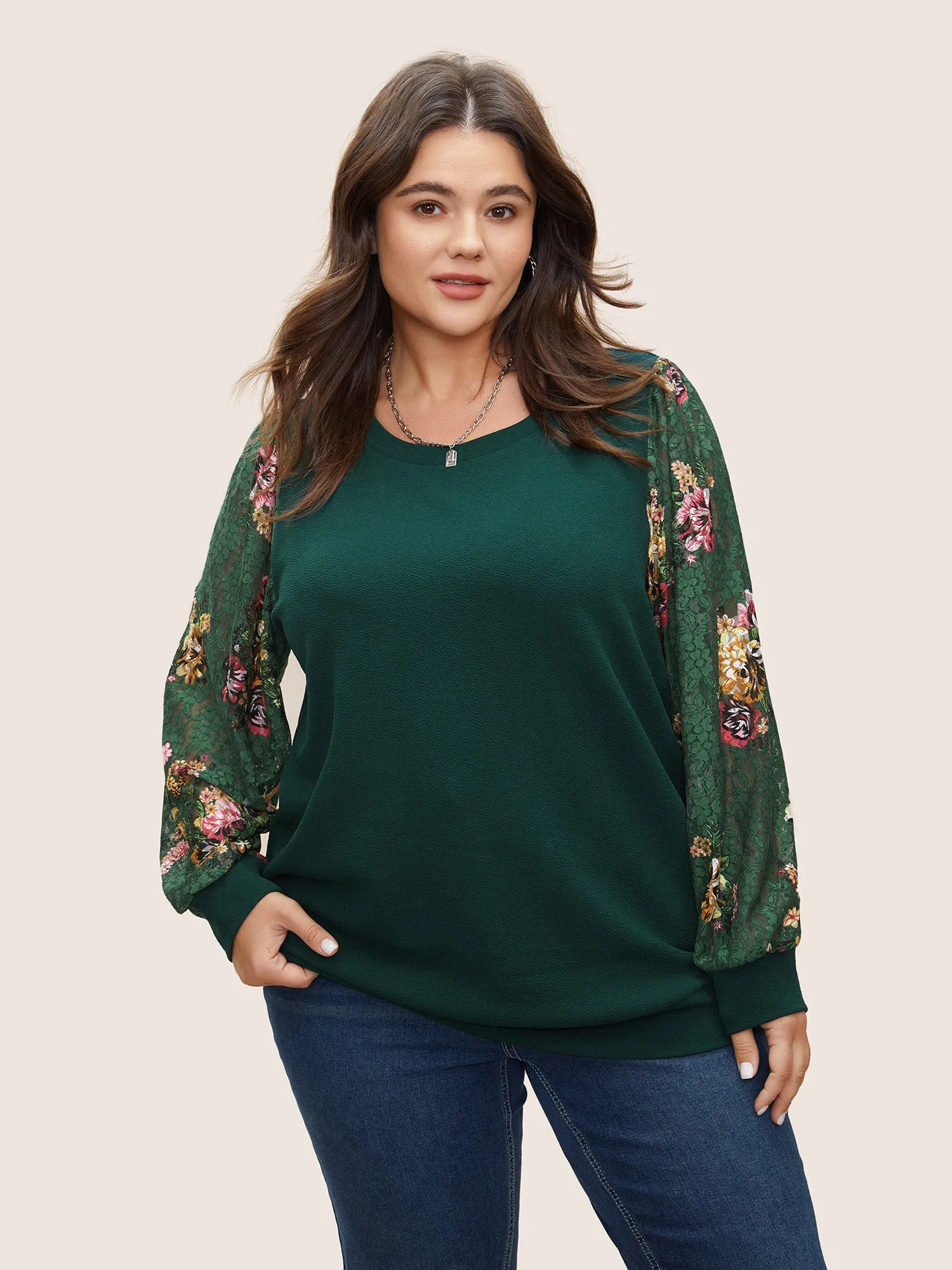 Crochet Lace Floral Print Round Neck Sweatshirt sold by Bloomchic