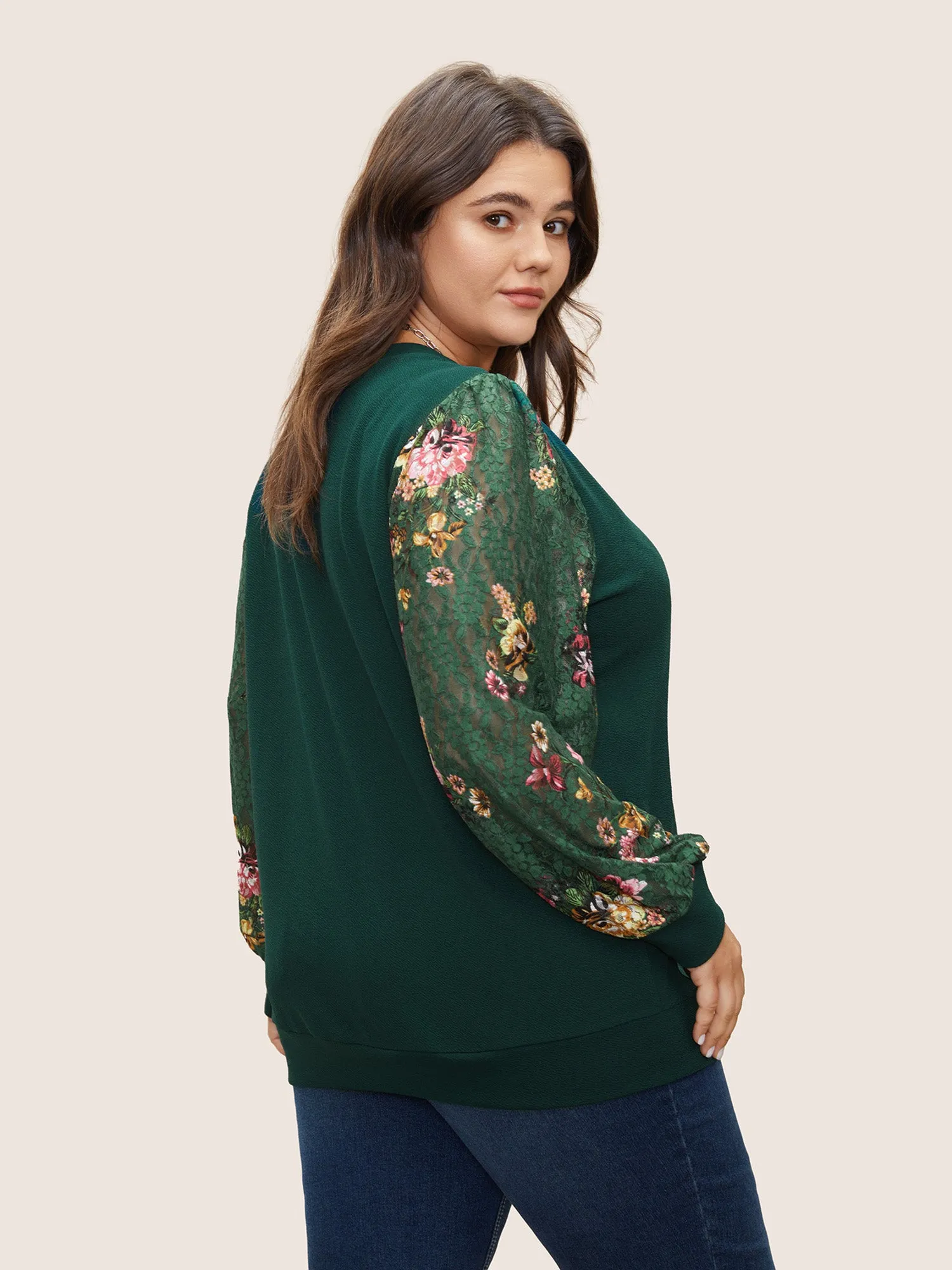 Crochet Lace Floral Print Round Neck Sweatshirt sold by Bloomchic product image thumbnail 2