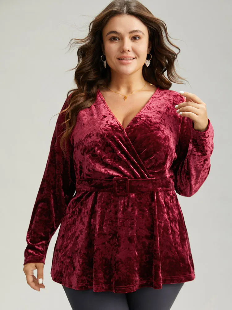 Velvet Overlap Collar Elastic Waist Buckle Detail Blouse sold by Bloomchic product image thumbnail 2