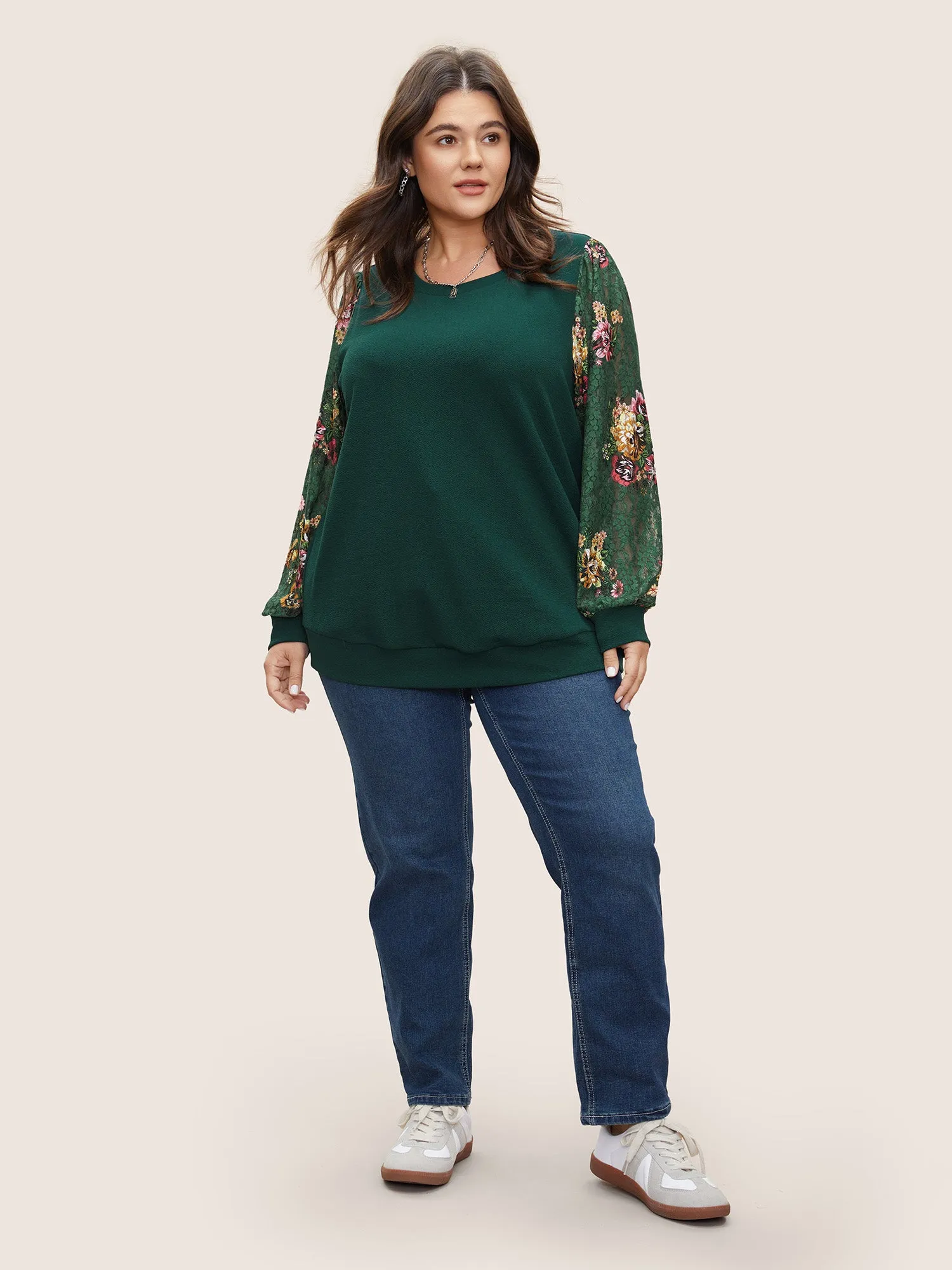 Crochet Lace Floral Print Round Neck Sweatshirt sold by Bloomchic product image thumbnail 3