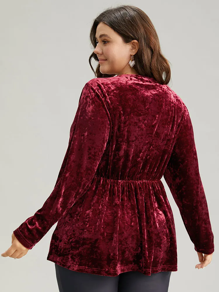 Velvet Overlap Collar Elastic Waist Buckle Detail Blouse sold by Bloomchic product image thumbnail 3