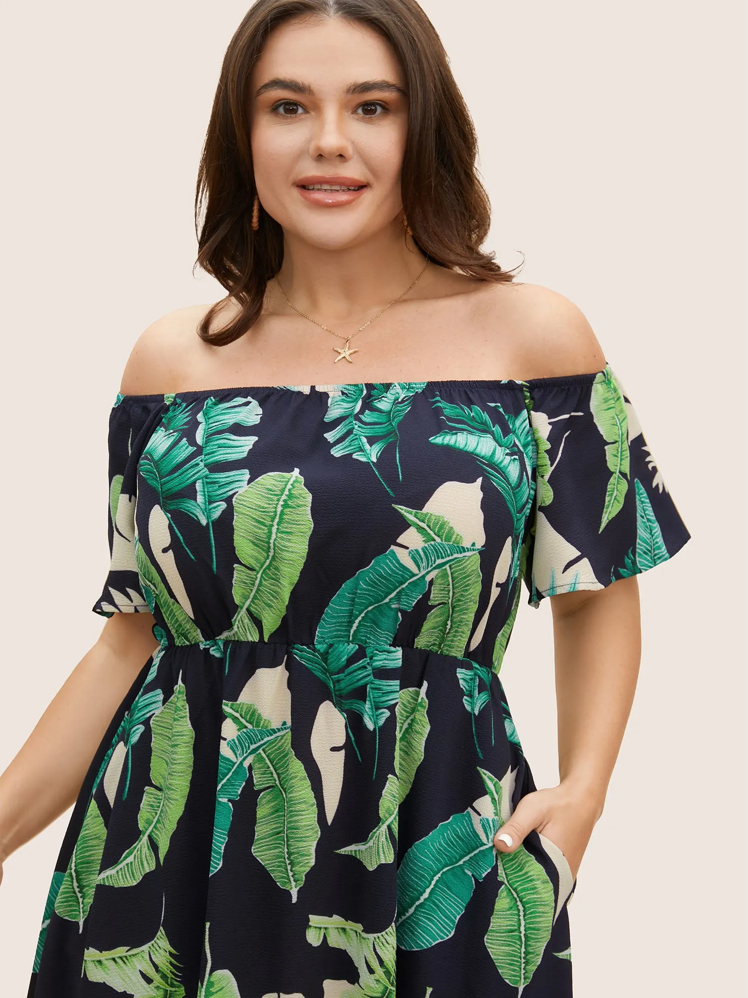 Tropical Print Off Shoulder Elastic Waist Dress sold by Bloomchic product image thumbnail 4