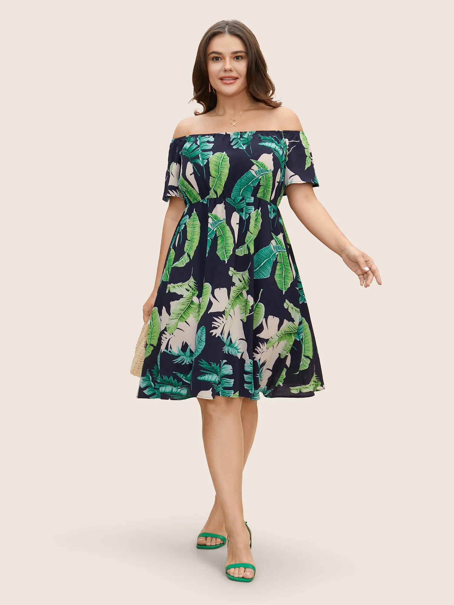 Tropical Print Off Shoulder Elastic Waist Dress sold by Bloomchic product image thumbnail 2