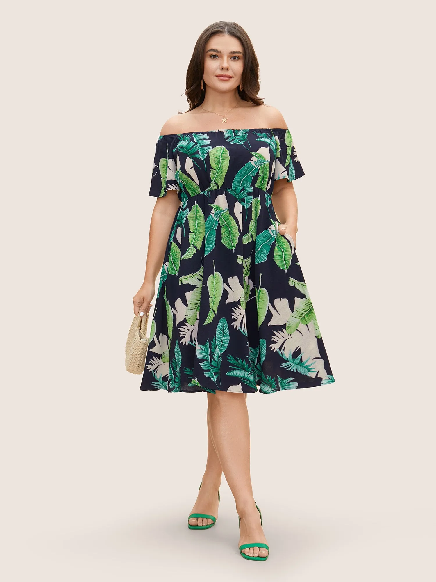 Tropical Print Off Shoulder Elastic Waist Dress sold by Bloomchic