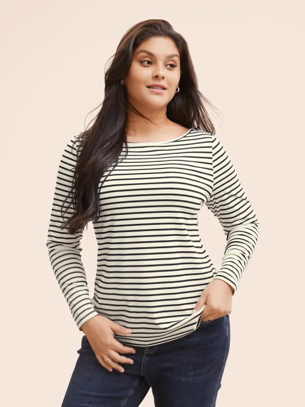 Striped Boat Neck Medium Stretch T-shirt sold by Bloomchic
