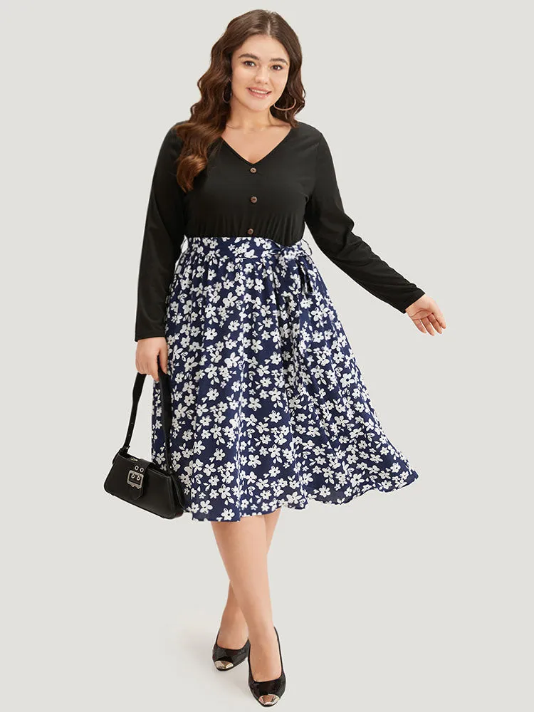 Silhouette Floral Print Belted Button Detail Dress sold by Bloomchic