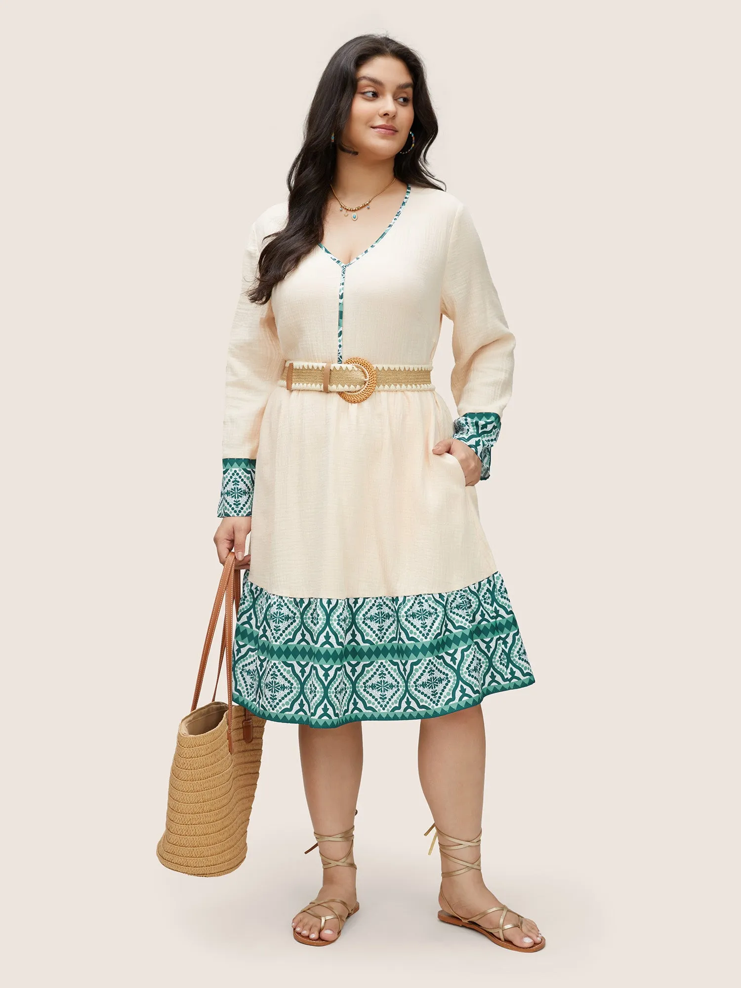 Boho Print Patchwork Elastic Waist Texture Dress sold by Bloomchic