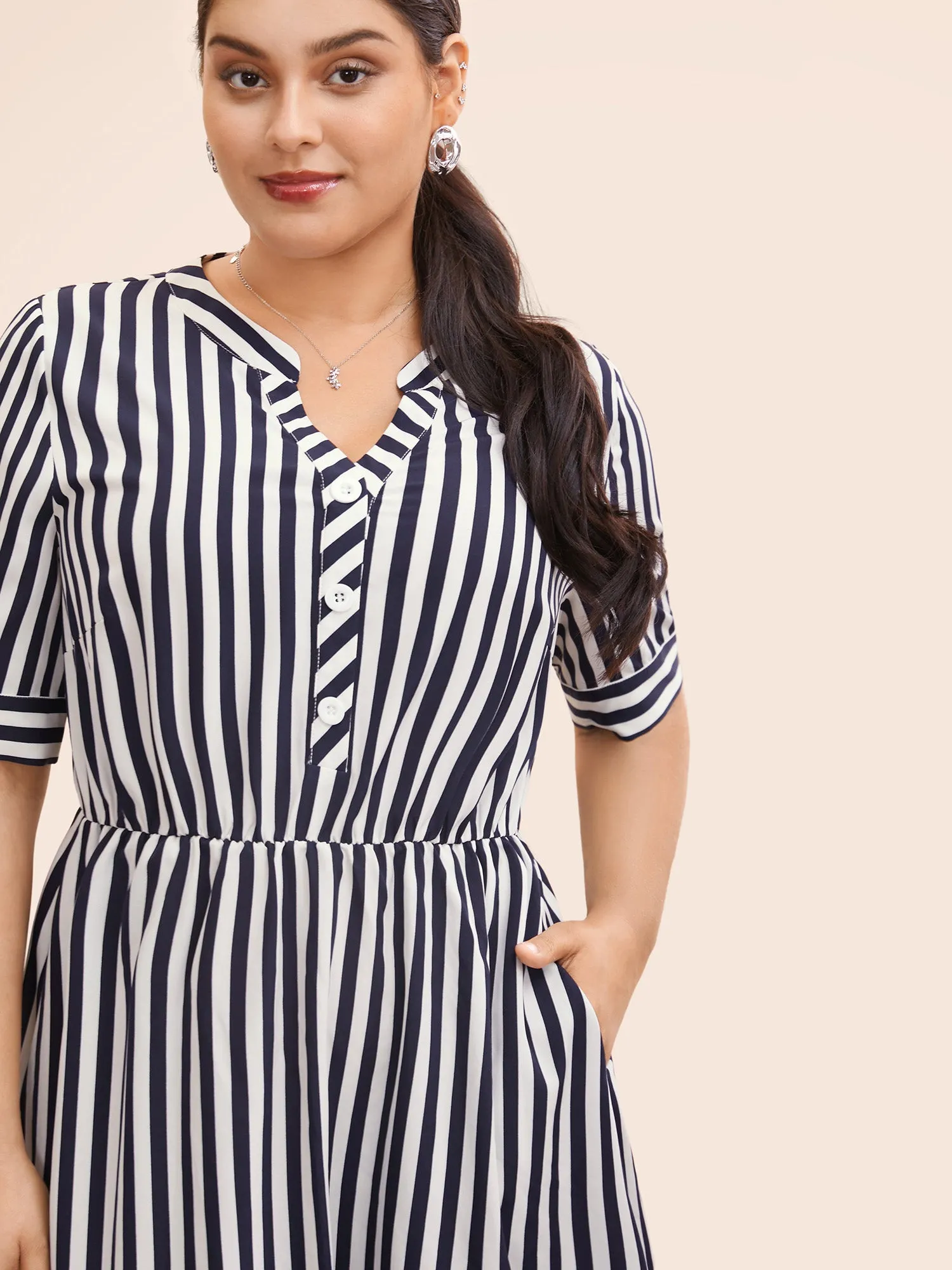 Striped Notched Button Detail Midi Dress sold by Bloomchic product image thumbnail 2
