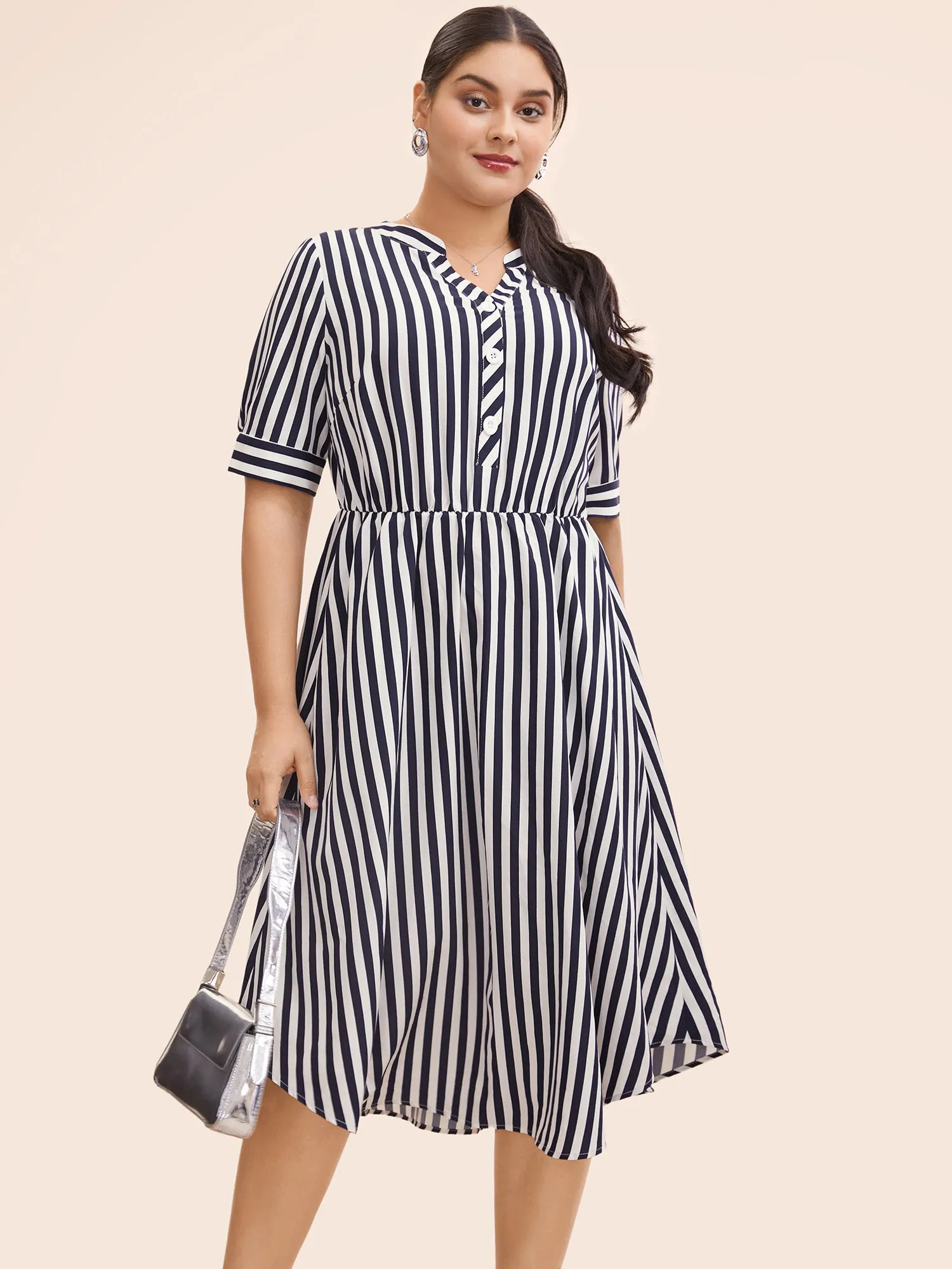 Striped Notched Button Detail Midi Dress sold by Bloomchic