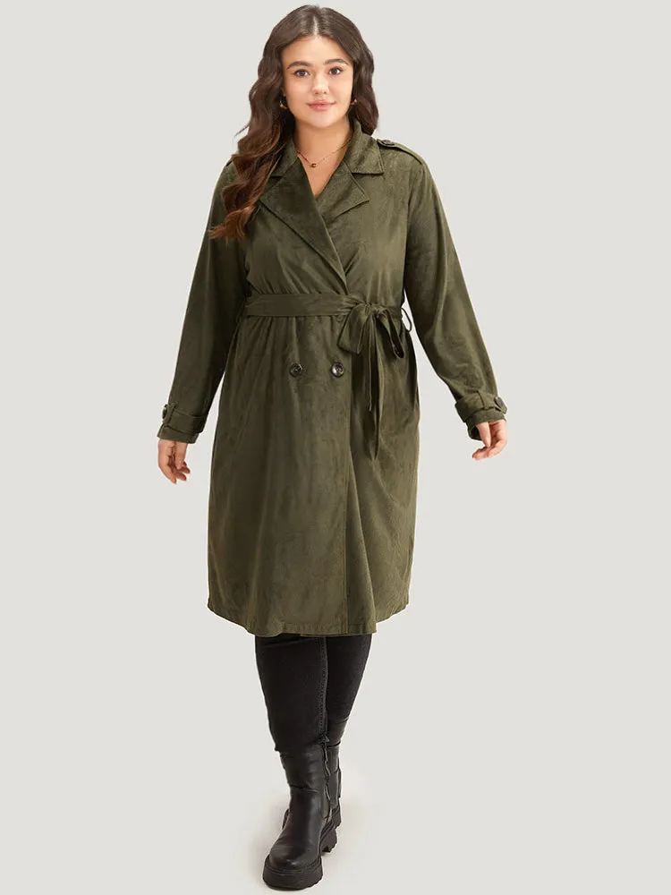 Plain Lapel Collar Pocket Belted Faux Suede Coat sold by Bloomchic