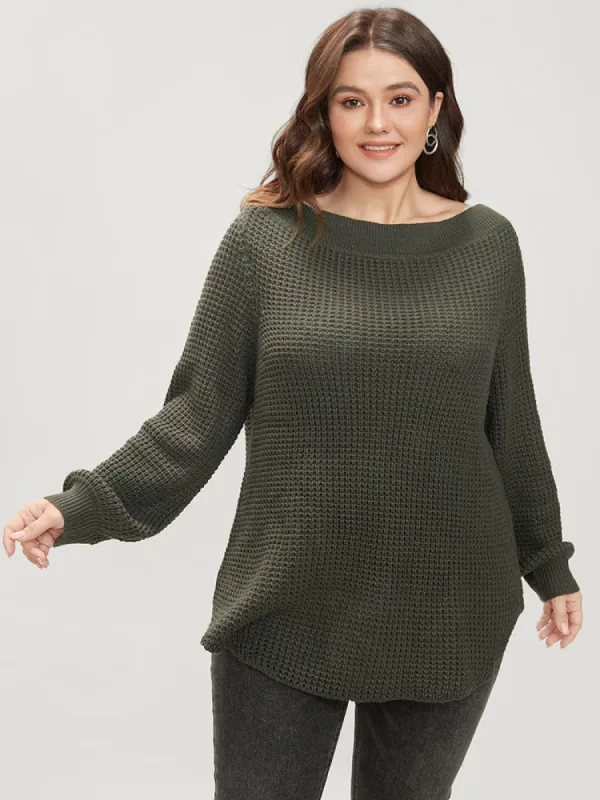 Plain Pointelle Knit Off Shoulder Arc Hem Knit Top sold by Bloomchic