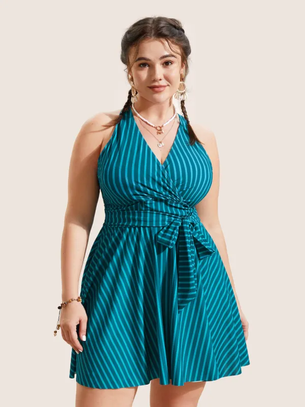 Overlap Collar Striped Tie Knot Swim Dress sold by Bloomchic