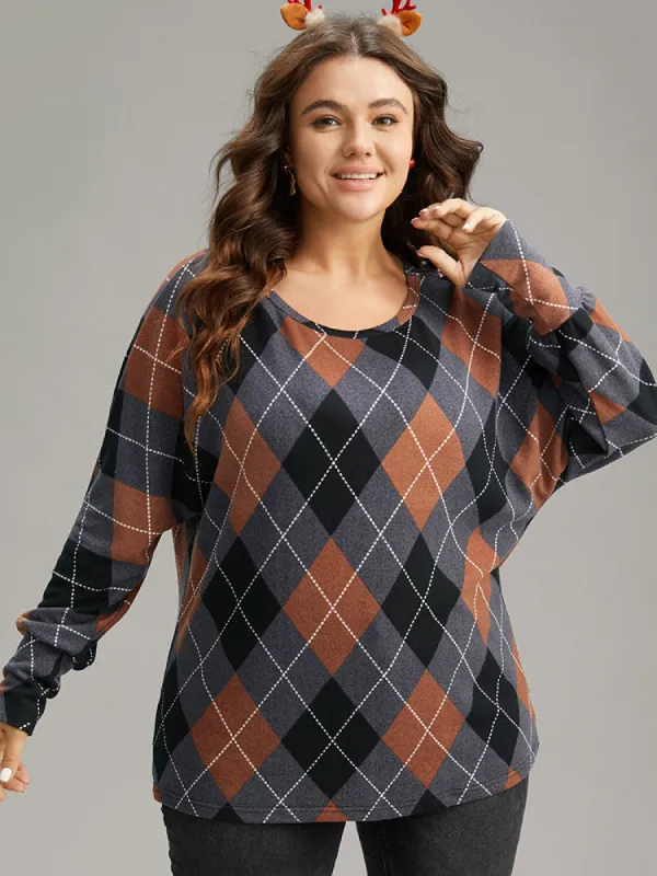 Plaid Contrast Round Neck Dolman Sleeve T-shirt sold by Bloomchic