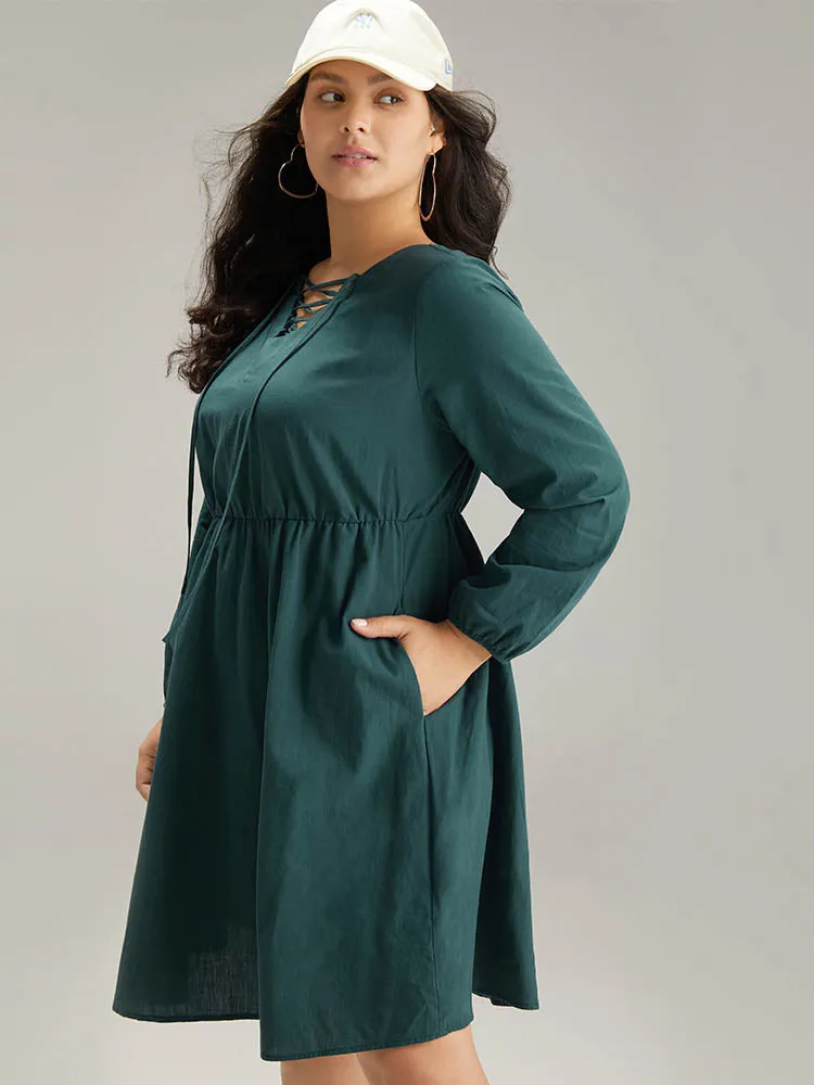 Cotton Solid Lace Up Elastic Waist Dress sold by Bloomchic product image thumbnail 2