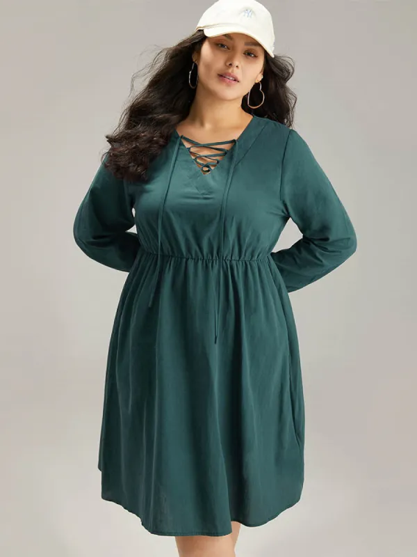 Cotton Solid Lace Up Elastic Waist Dress sold by Bloomchic