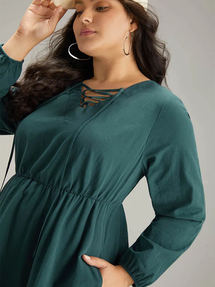 Cotton Solid Lace Up Elastic Waist Dress sold by Bloomchic product image thumbnail 5