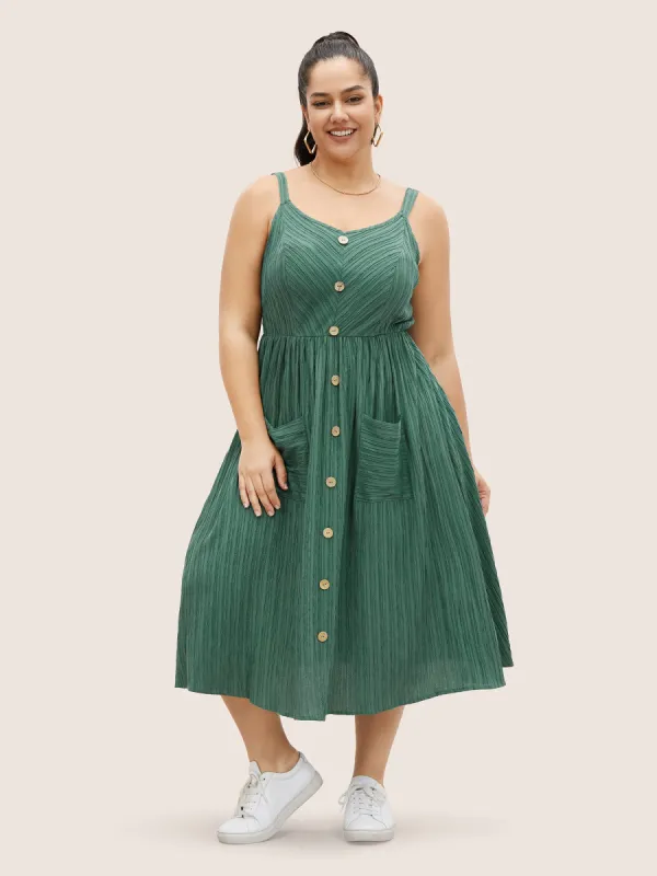 Plain Textured Button Detail Cami Dress sold by Bloomchic