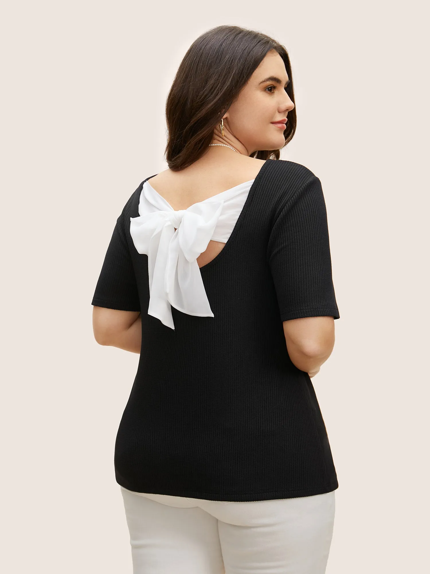 Round Neck Contrast Back Tie Knot T-shirt sold by Bloomchic