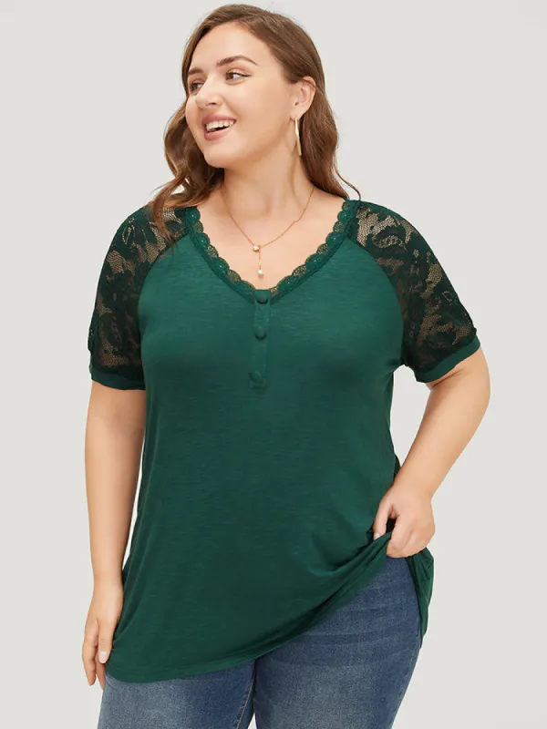 Plain Button Detail Lace Heather T-shirt sold by Bloomchic