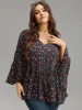 Floral Tie Neck Frill Trim Bell Sleeve Blouse sold by Bloomchic