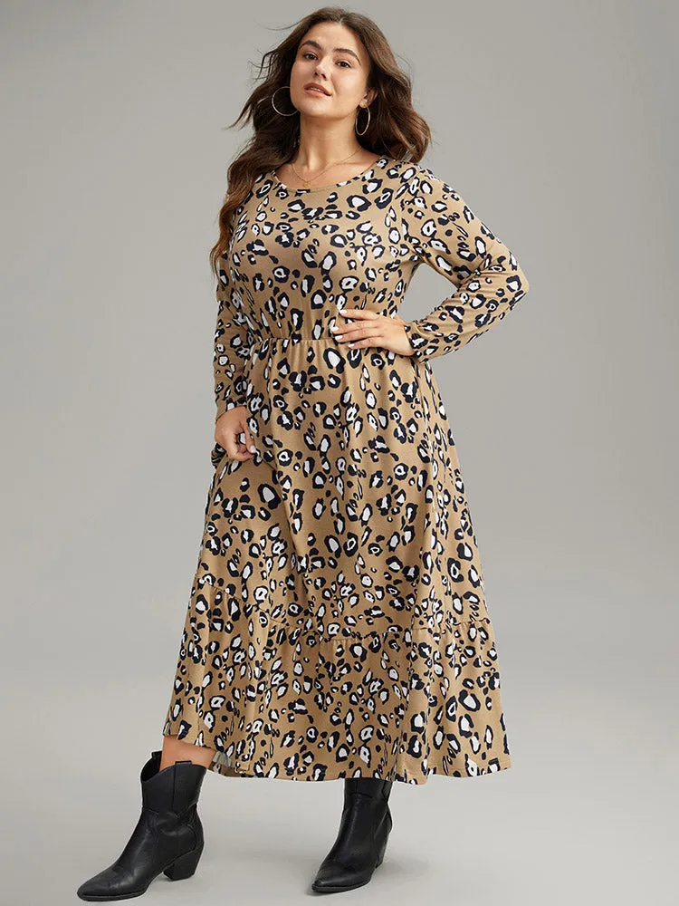 Leopard Print Round Neck Ruffle Hem Dress sold by Bloomchic