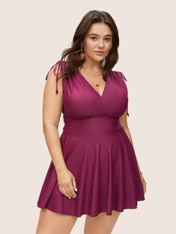 Solid Drawstring Adjustable Straps Back Swim Dress sold by Bloomchic