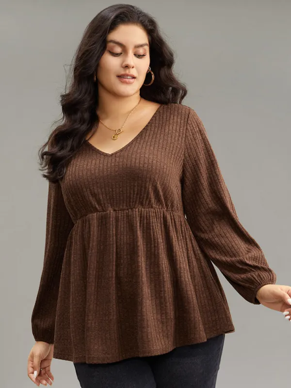 Plain Rib Knit Gathered Lantern Sleeve T-shirt sold by Bloomchic