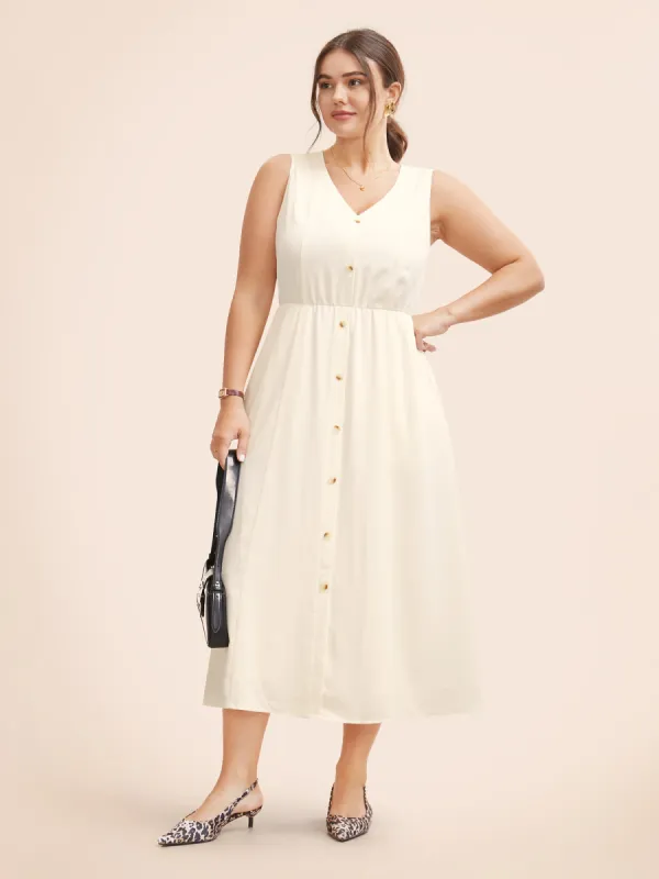 V Neck Button Detail Sleeveless Dress sold by Bloomchic