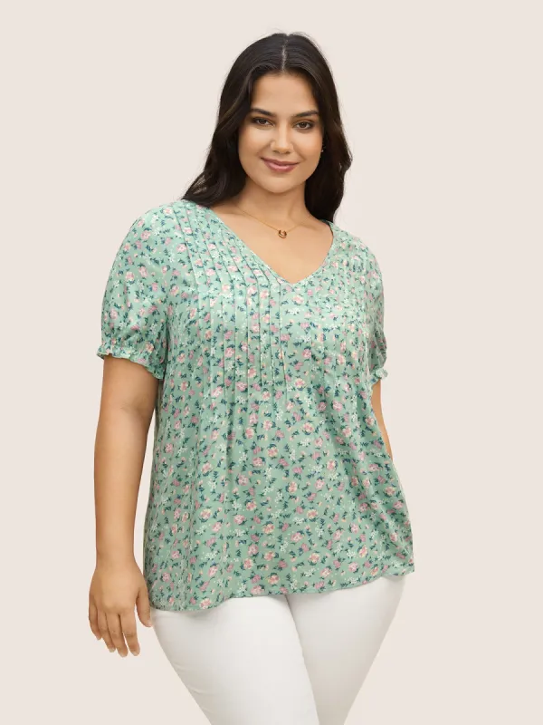 Ditsy Floral Pleated Lantern Sleeve Blouse sold by Bloomchic
