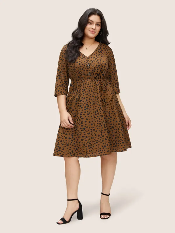 Leopard Elastic Waist Pocket Button Detail Dress sold by Bloomchic