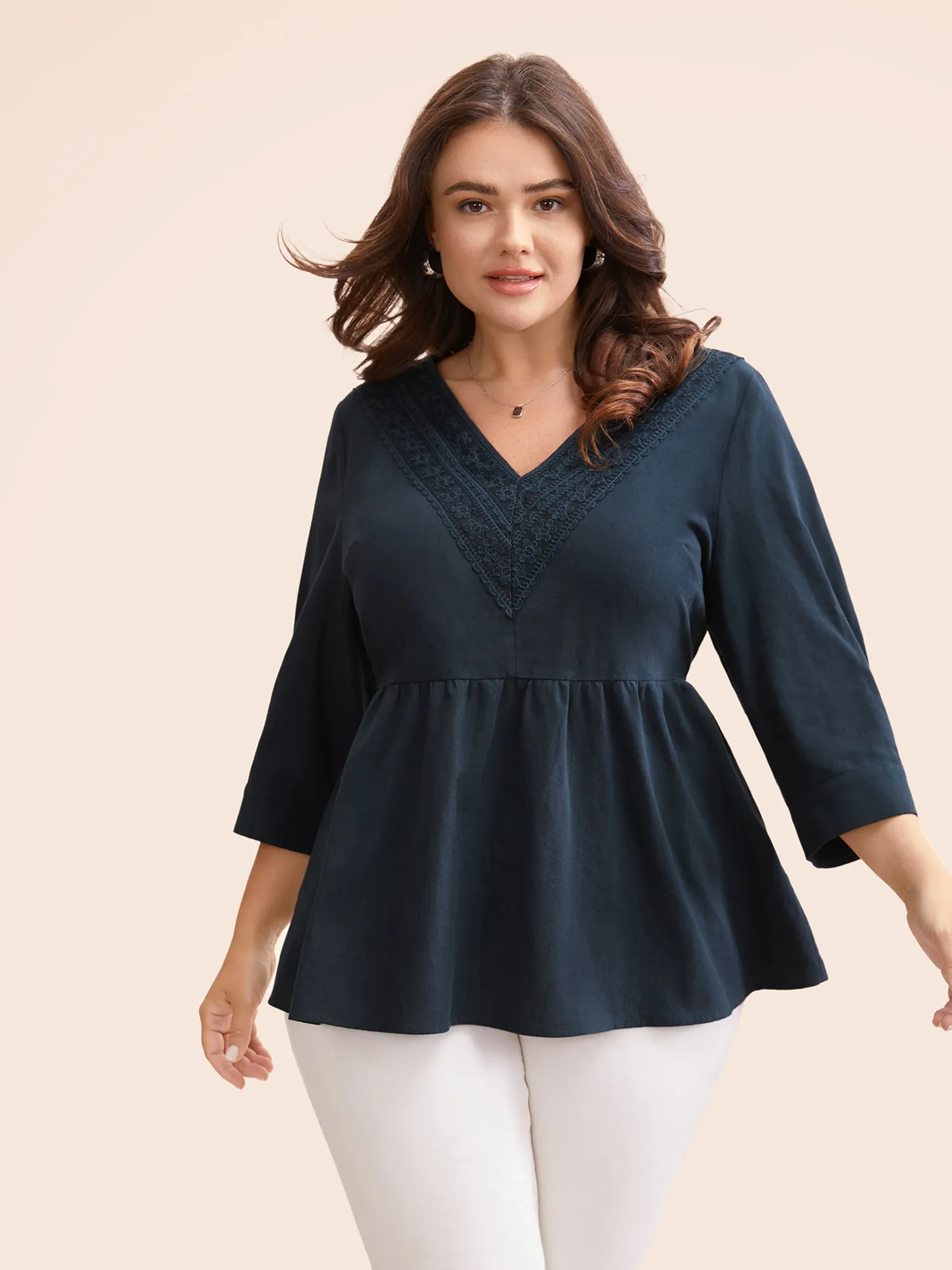 V Neck Lace Patchwork Gathered Blouse sold by Bloomchic