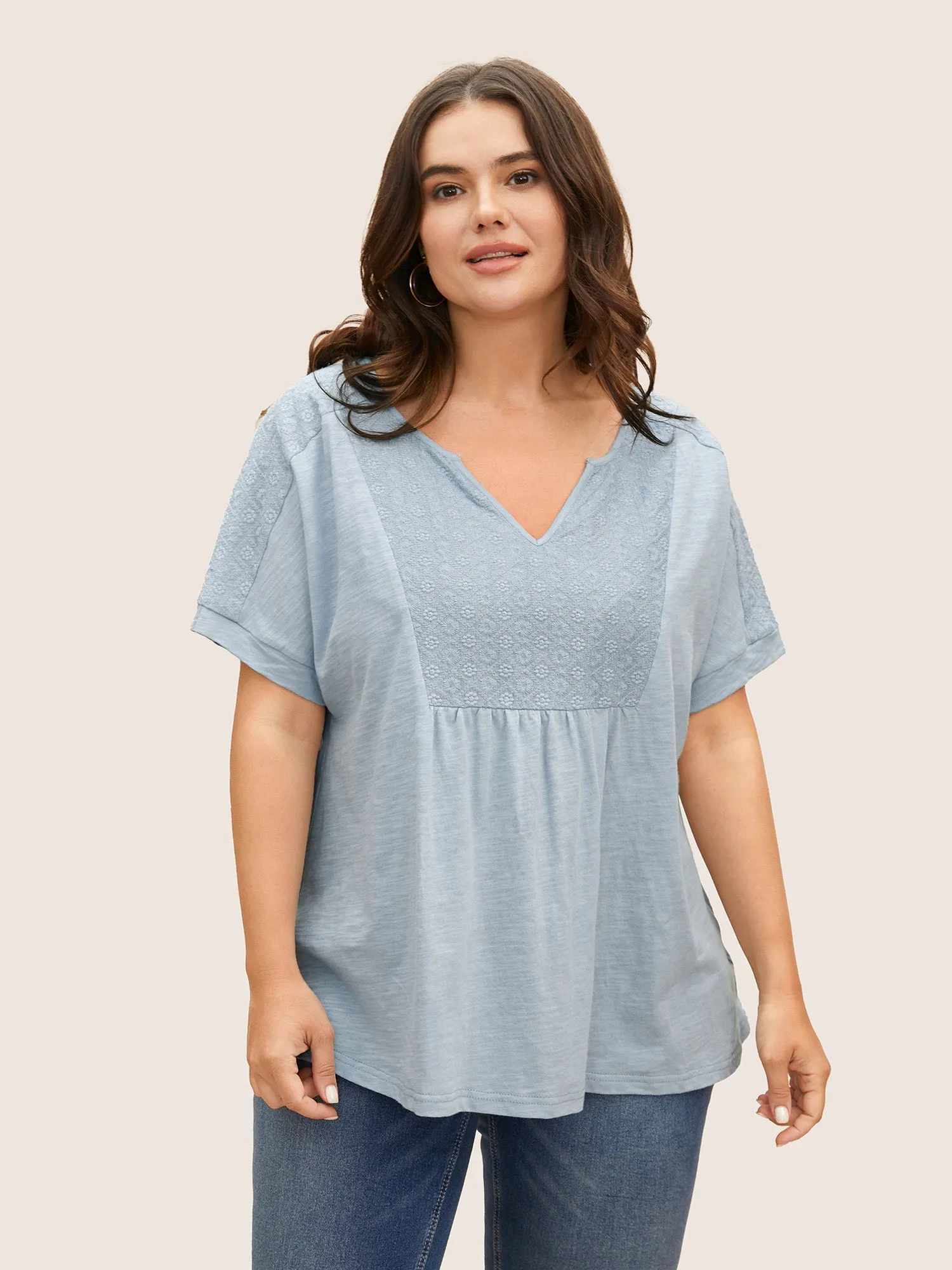 Cotton Notched Collar Floral Embroidered T-shirt sold by Bloomchic