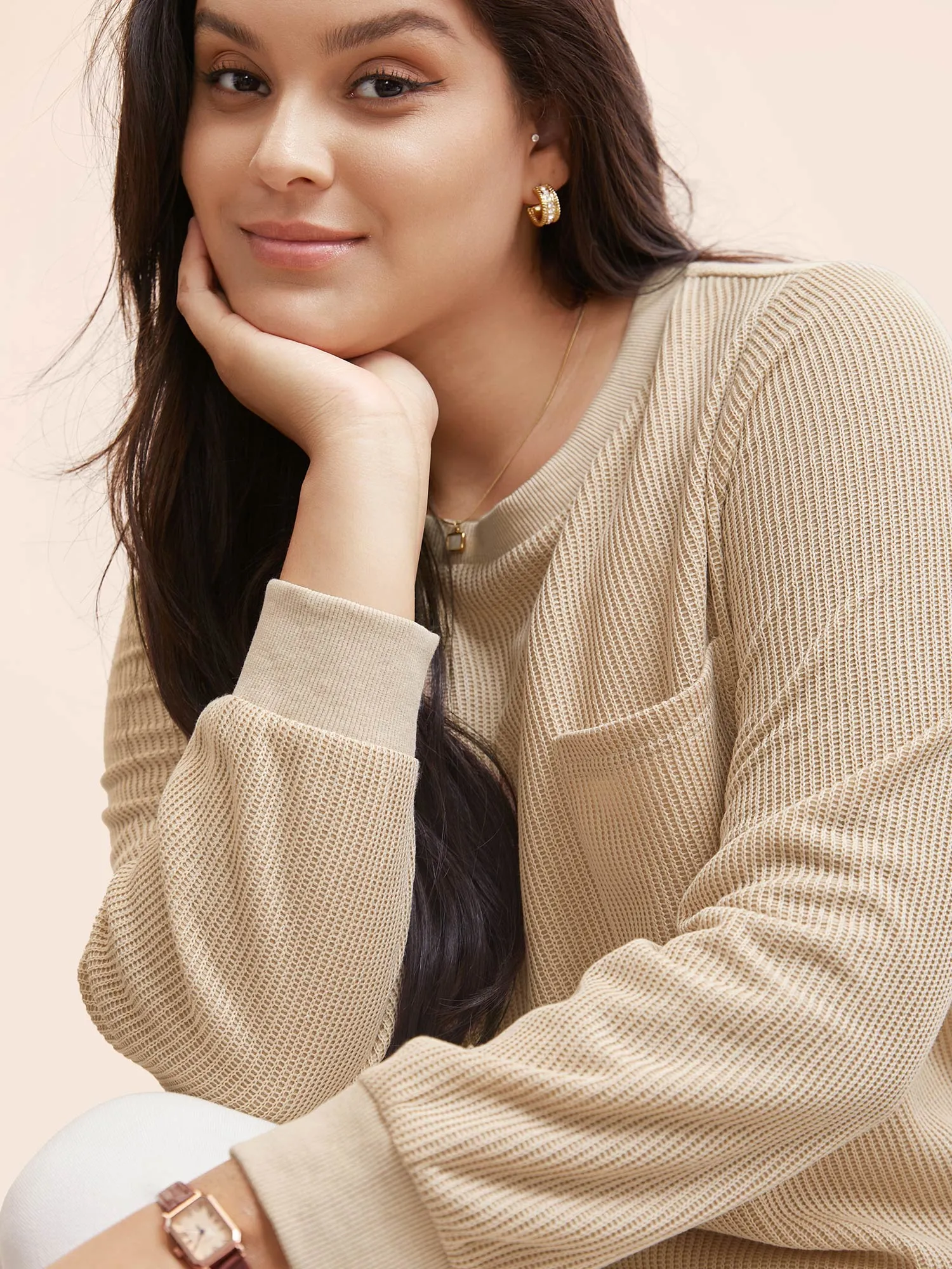 Crew Neck Rib Knit Patched Pocket T-shirt sold by Bloomchic product image thumbnail 3