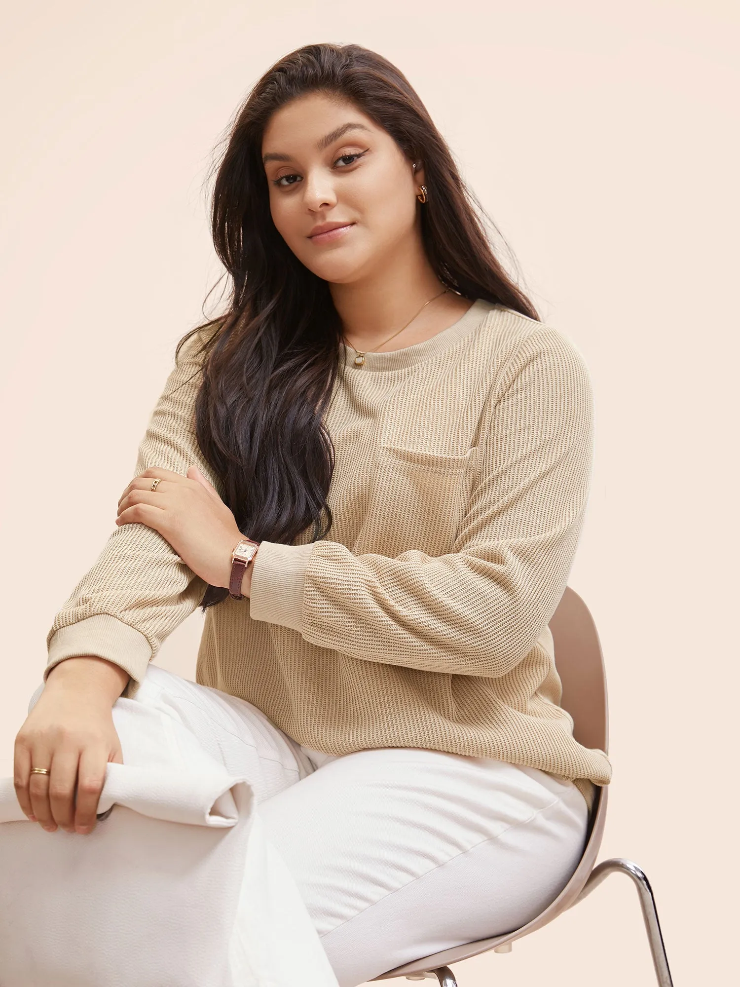Crew Neck Rib Knit Patched Pocket T-shirt sold by Bloomchic product image thumbnail 4