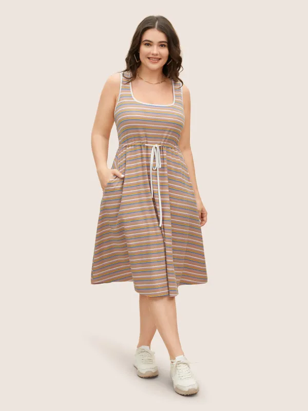 Square Neck Colored Striped Drawstring Tank Dress sold by Bloomchic