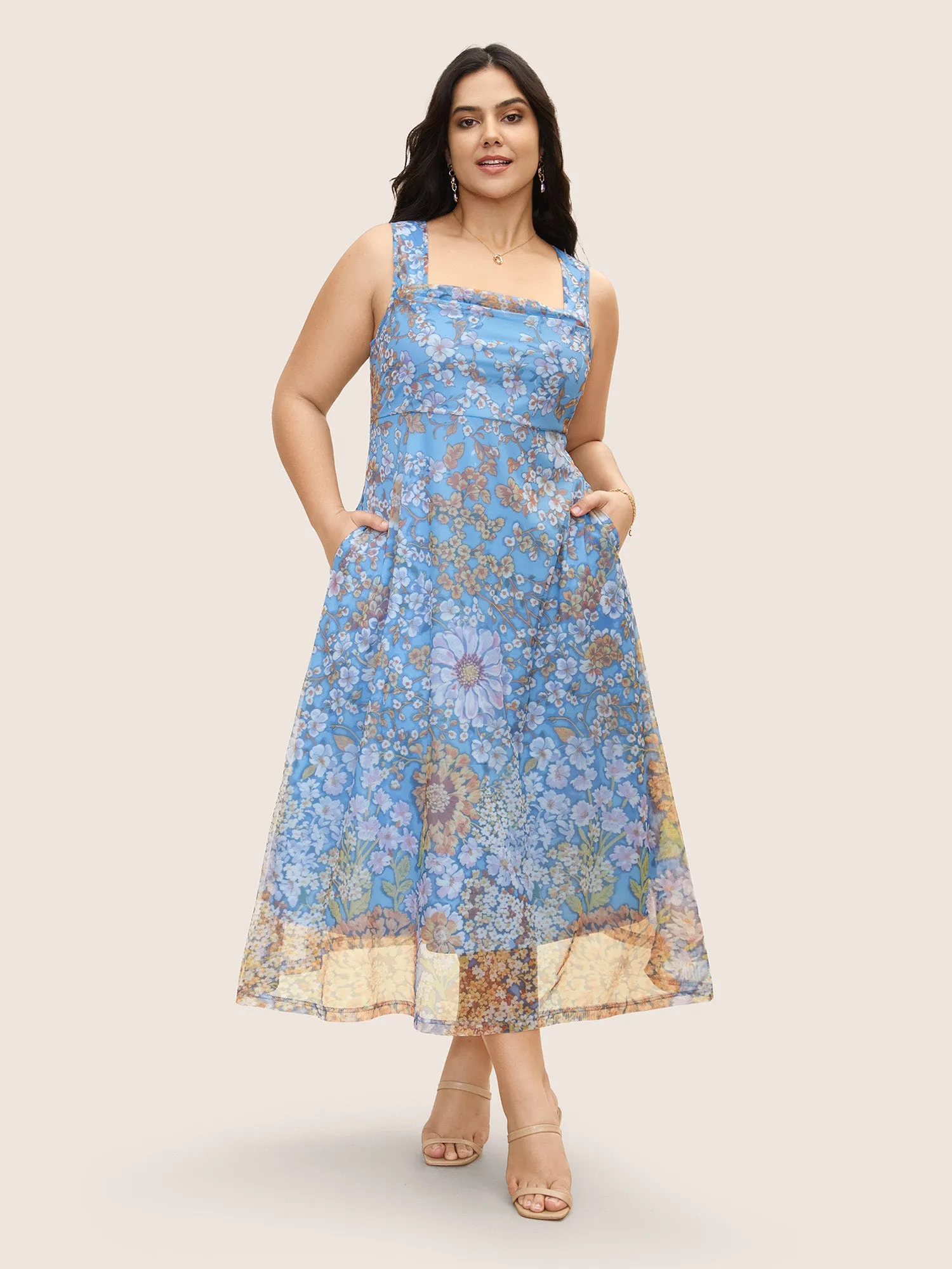 Square Neck Floral Mesh Tank Dress sold by Bloomchic product image thumbnail 3