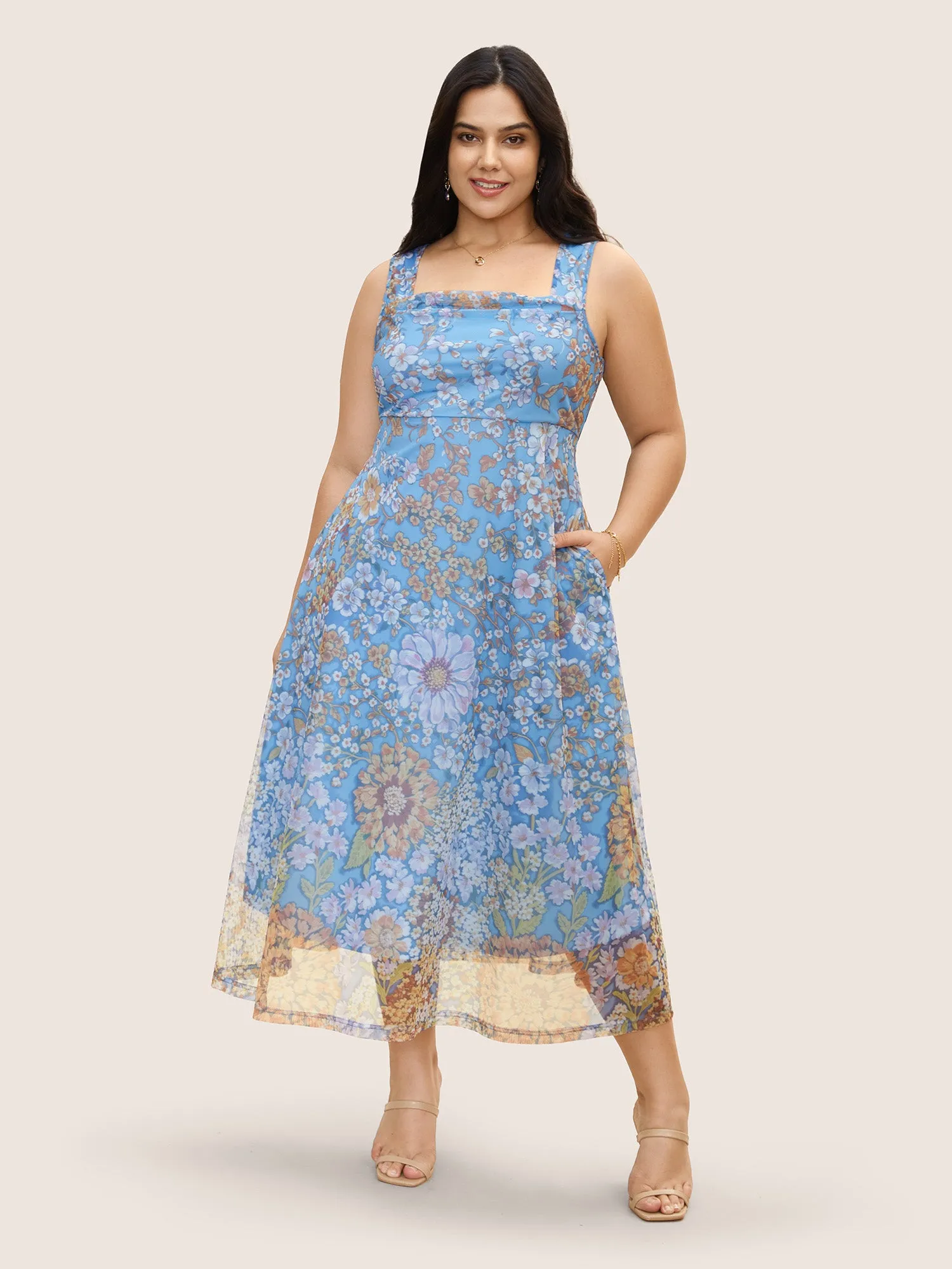 Square Neck Floral Mesh Tank Dress sold by Bloomchic