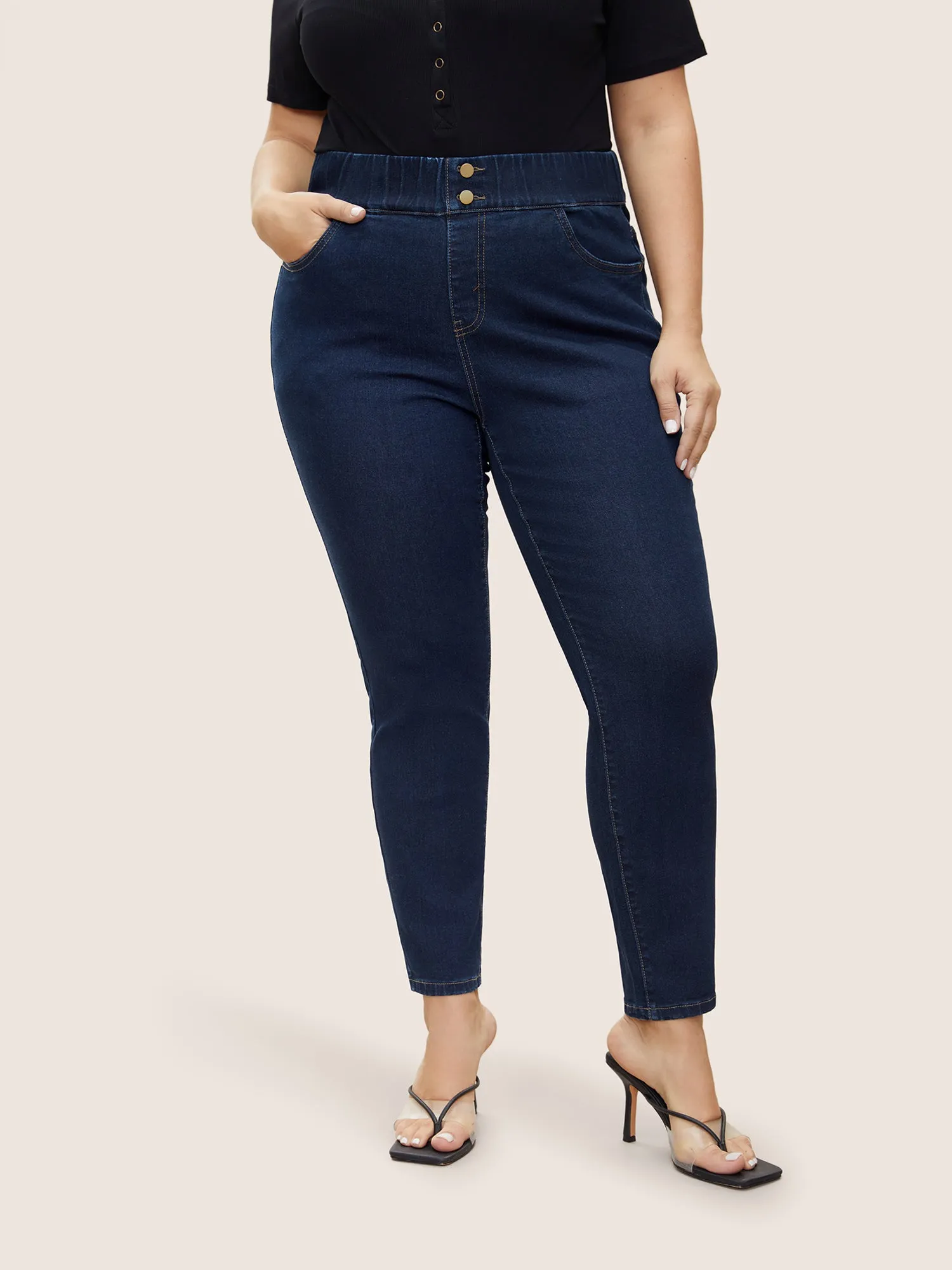 Elastic Waist Full Length Button Detail Jeans sold by Bloomchic