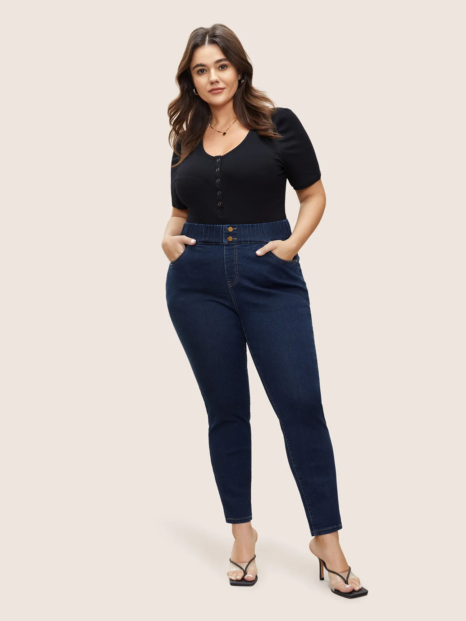 Elastic Waist Full Length Button Detail Jeans sold by Bloomchic product image thumbnail 2