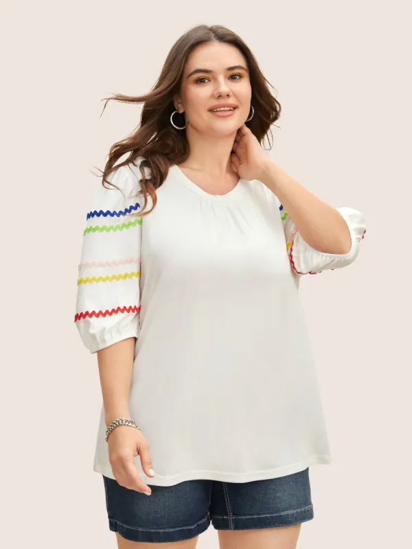 Round Neck Contrast Webbing Lantern Sleeve T-Shirt sold by Bloomchic