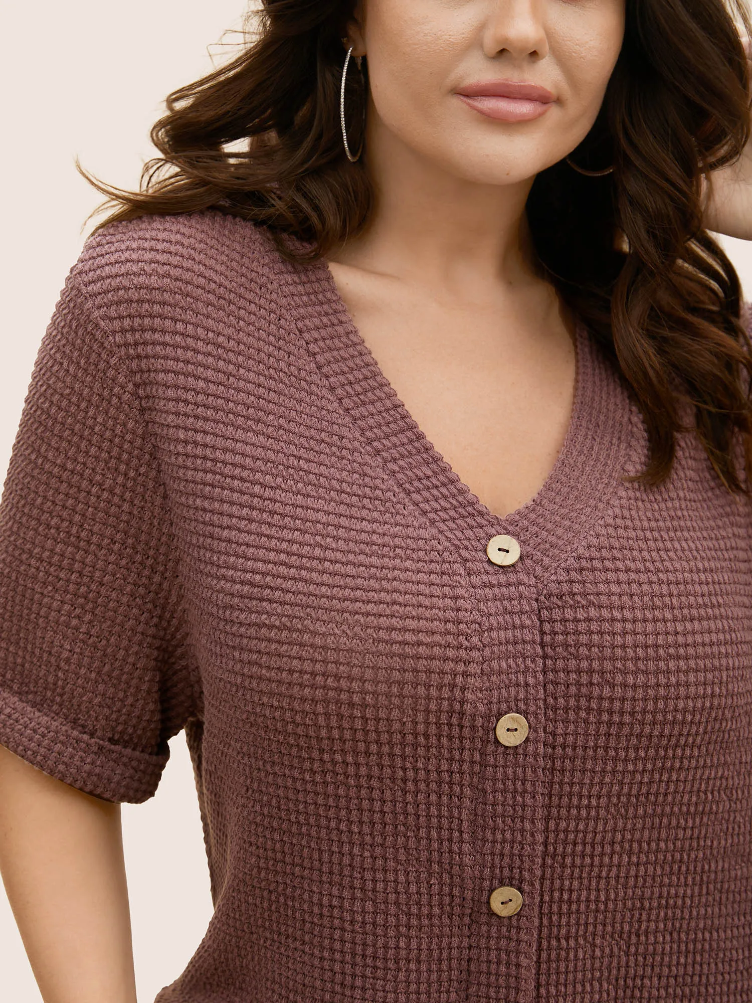 Textured Button Detail Cuffed Sleeve T-shirt sold by Bloomchic product image thumbnail 4