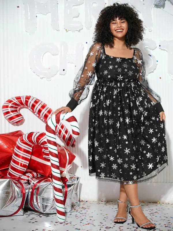 Christmas Snowflake Glitter Mesh Square Neck Dress sold by Bloomchic