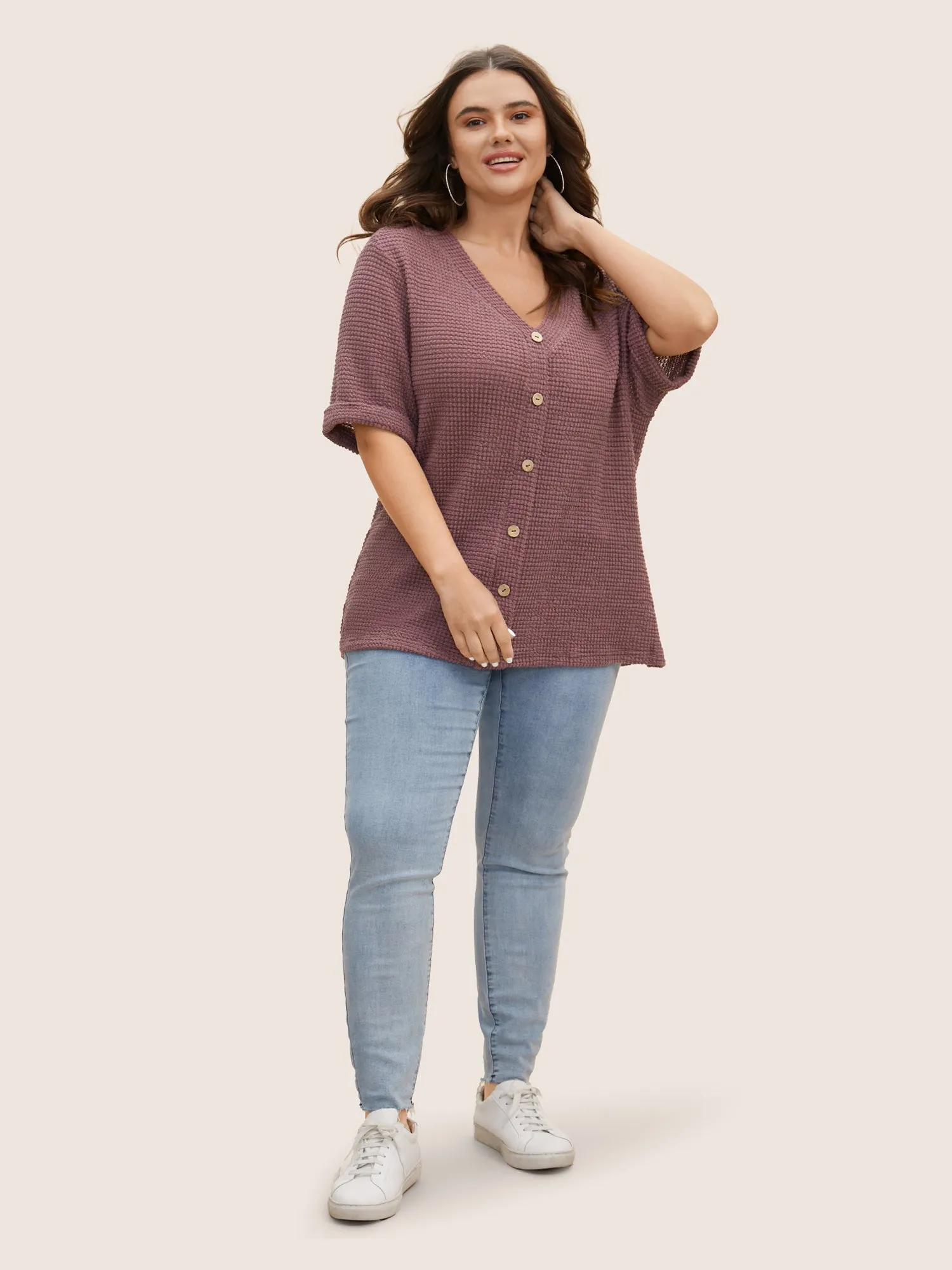 Textured Button Detail Cuffed Sleeve T-shirt sold by Bloomchic product image thumbnail 3